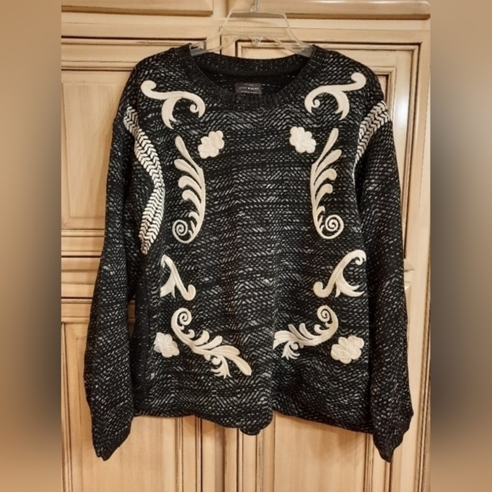 Lucky‎ Brand Sweater Black White Embroidered Size XL